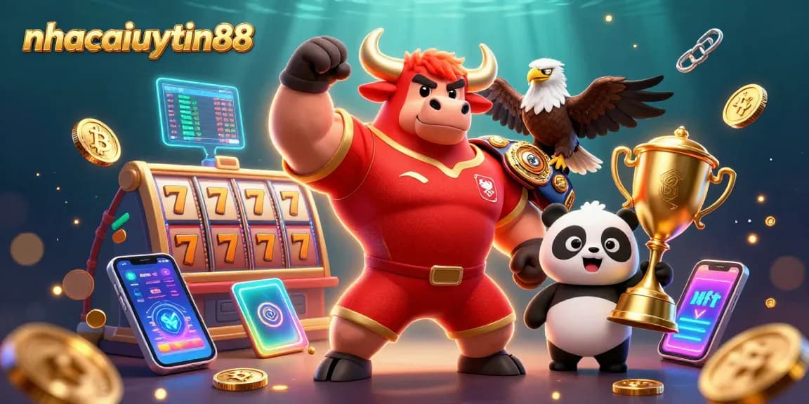 Experience the excitement with nhacaiuytin88 as a bull mascot celebrates winning at an online casino!