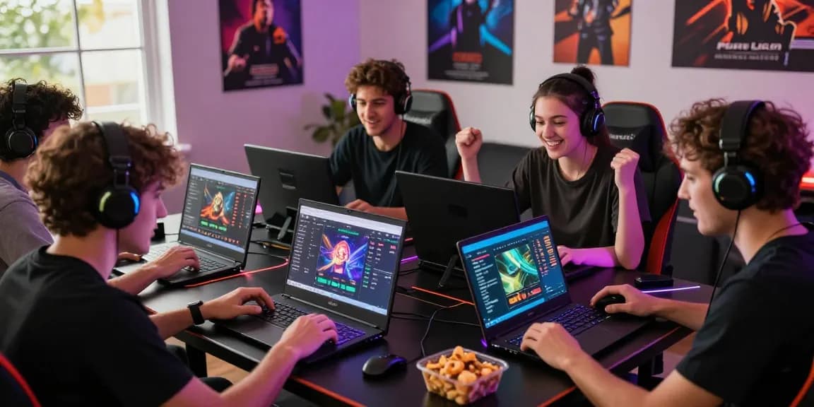 Exciting gaming experience showcasing friends engaged with lotus365 platform on laptops and tablets.
