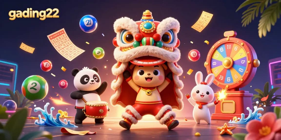Engage with gading22 in a vibrant lottery-themed 3D casino illustration featuring lively characters.