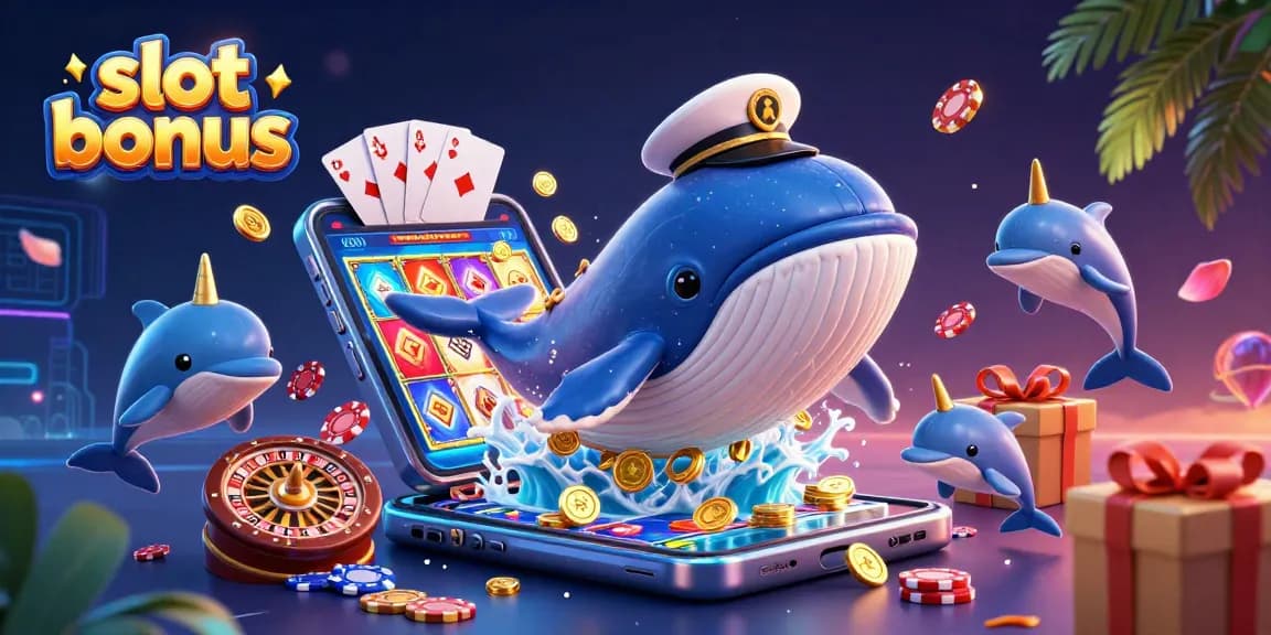Experience a thrilling slot bonus adventure with a whale and dolphins in a colorful casino world.
