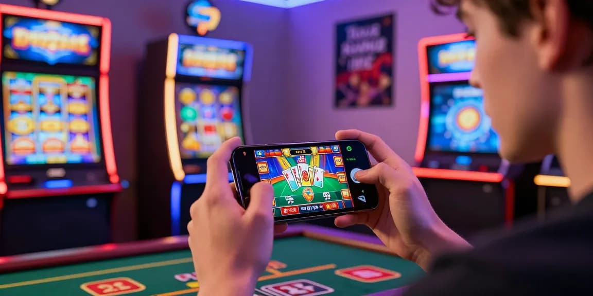 Engaged player enjoying casino games on smartphone from https://slotspk.com.pk/ in a vibrant gaming setup.