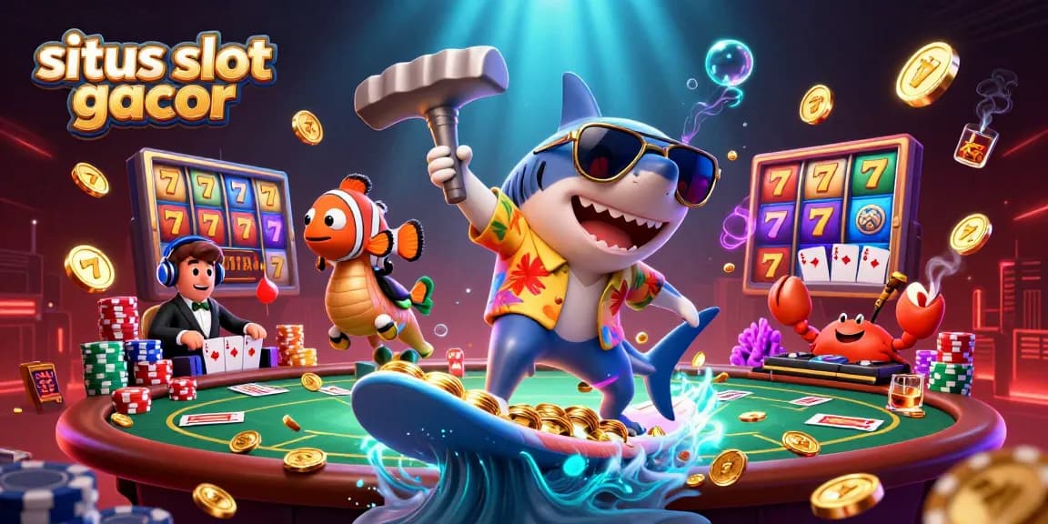Situs slot gacor showcases a vibrant 3D scene with characters surfing on gold coins and engaging in gambling.