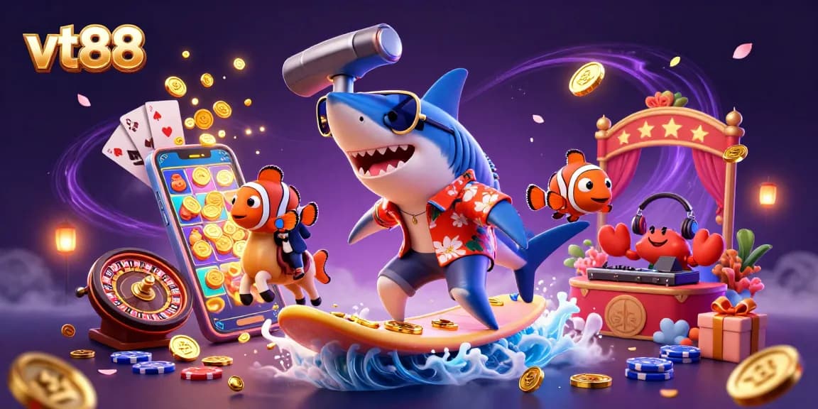 vt88 showcases exciting casino elements featuring a shark, clownfish, and crab DJ for an adventurous gaming experience