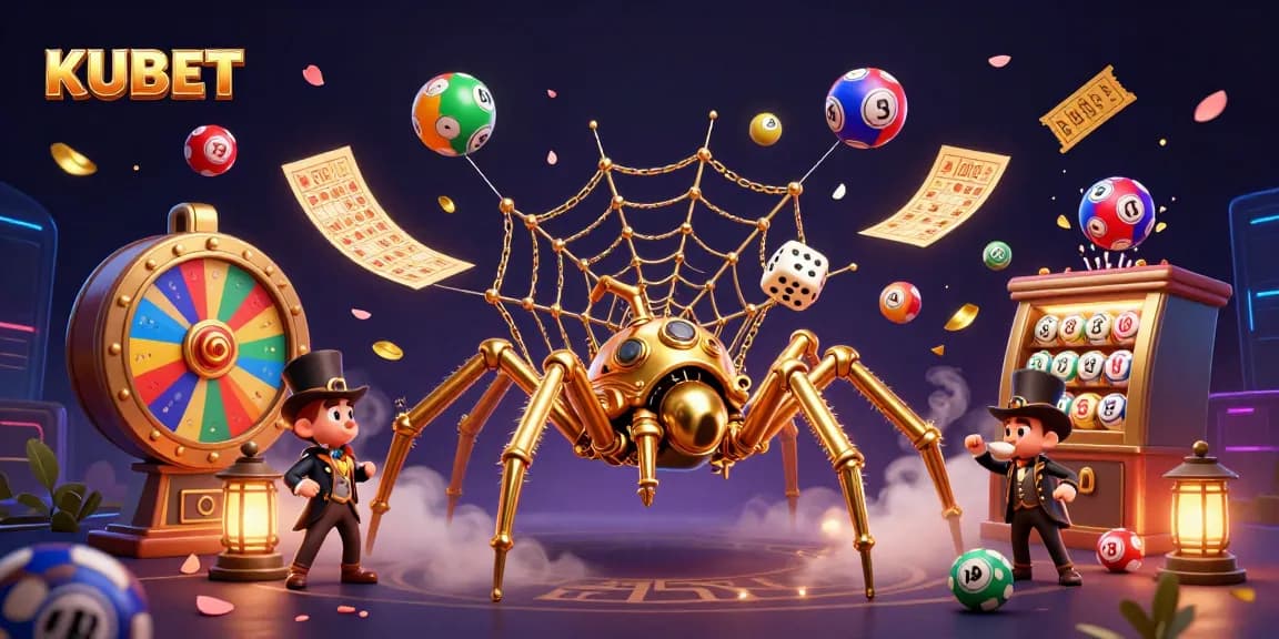 KUBET offers an exciting 3D illustration showcasing a steampunk spider amidst vibrant bingo elements, enhancing your gaming experience.