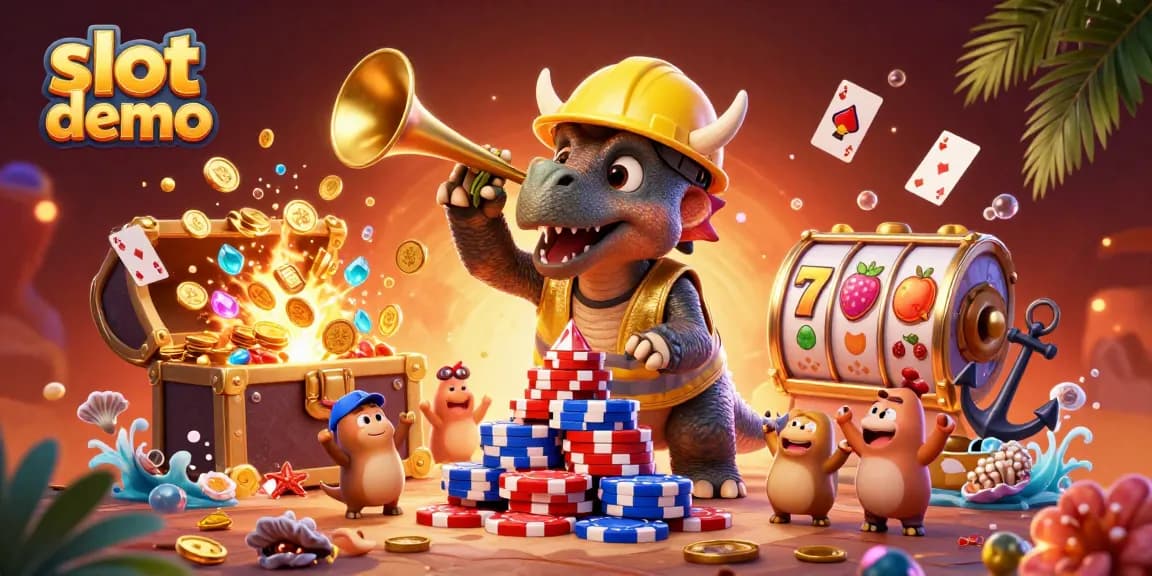 Engage in exhilarating slot demo games with a lively illustration of cartoon triceratops and vibrant casino elements.