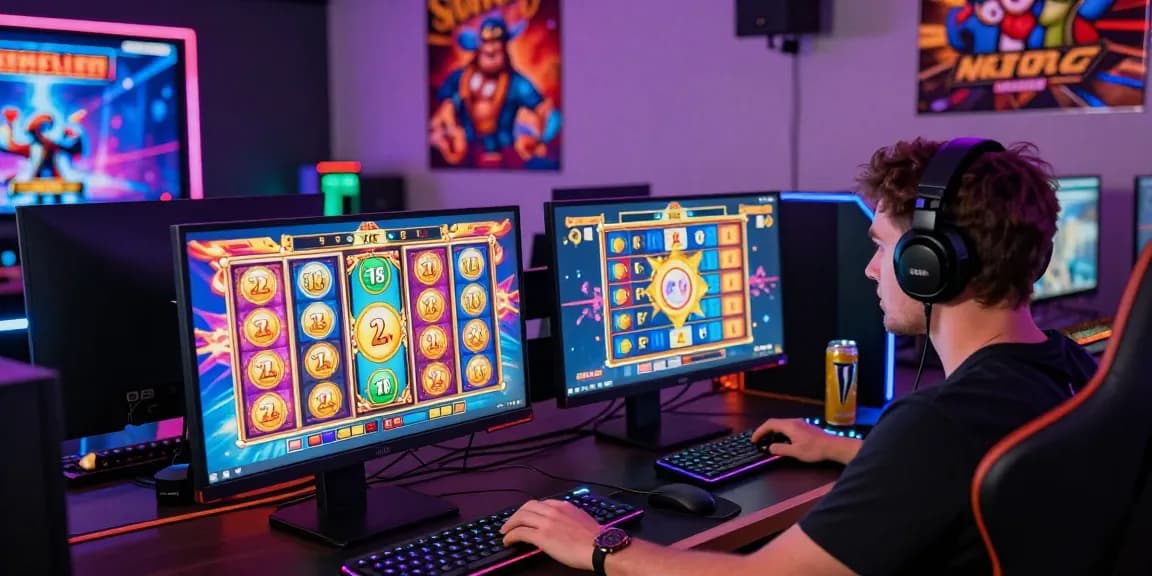 Menangkan slot jackpot di komputer modern dengan dua layar menampilkan permainan slot yang menarik dan warna-warni