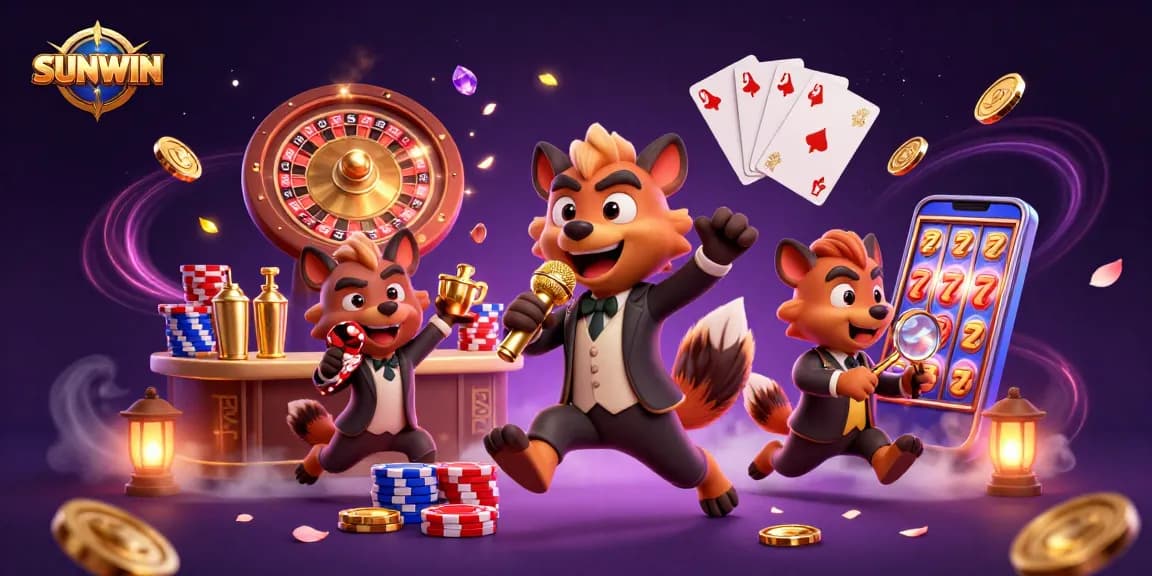 SUNWIN showcases hyenas in a comedy casino club, featuring a stand-up comedian, bartender, and bouncer in vibrant gambling activity.