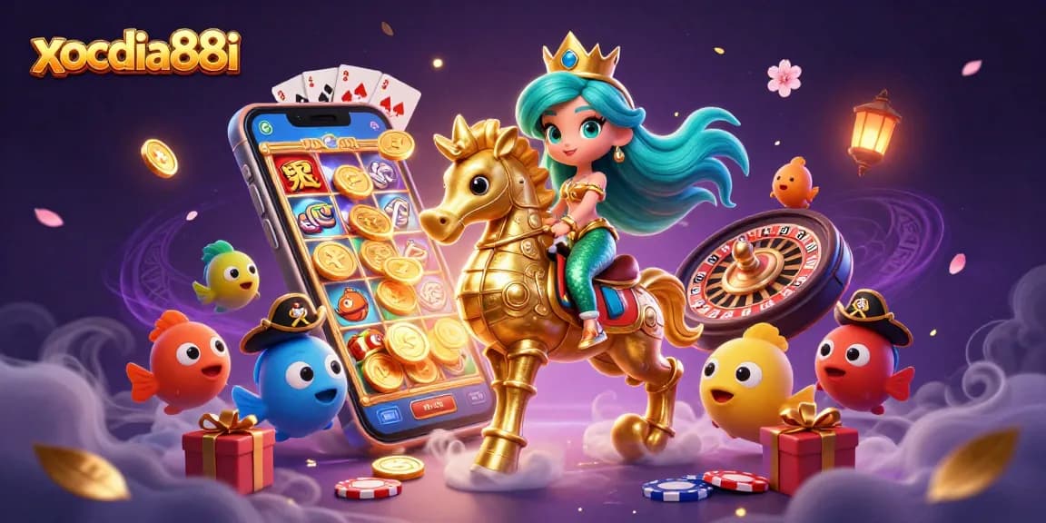xocdia88i showcases an enchanting casino scene with a magical mermaid riding a seahorse amidst vibrant slot games and pirate fish.