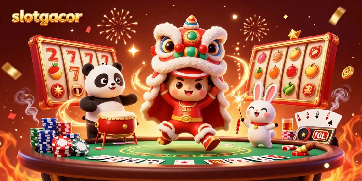 Experience excitement with slotgacor featuring a lively lion dance and vibrant casino elements.