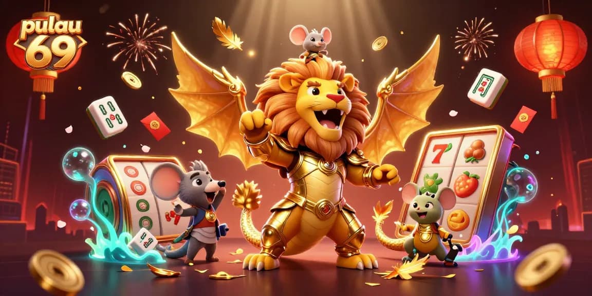Play slot games with pulau 69 amidst a vibrant 3D casino scene filled with winning symbols and excitement.