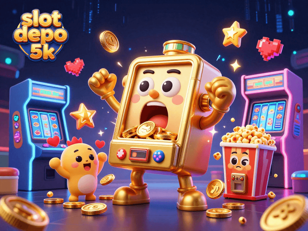 Experience slot depo 5k with a golden slot machine hitting a jackpot, surrounded by cheering machines.
