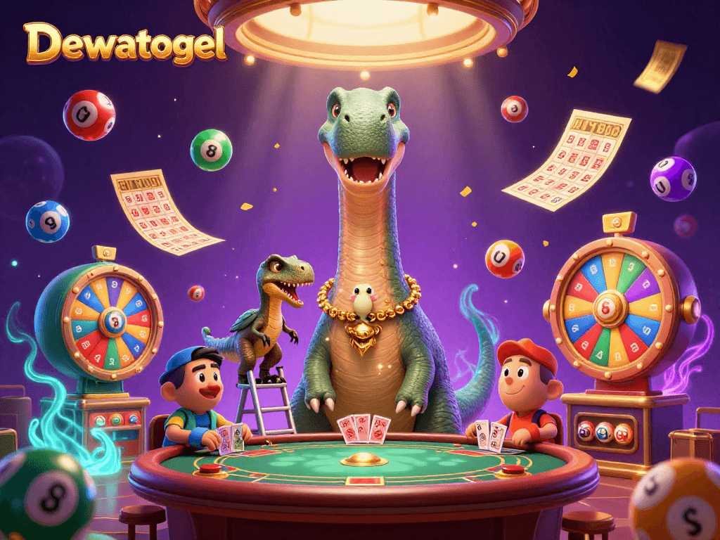 Menangkan pengalaman bermain di Dewatogel dengan kartun 3D brontosaurus dan raptor dealer kartu.