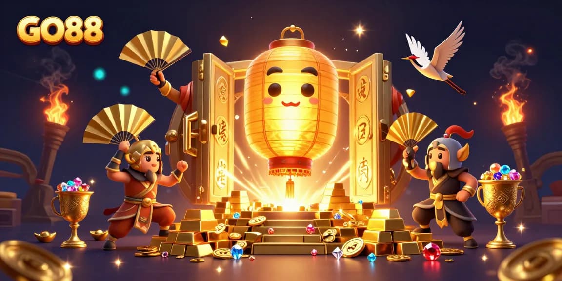 Experience GO88's vibrant online casino atmosphere with dynamic characters and glittering treasures.