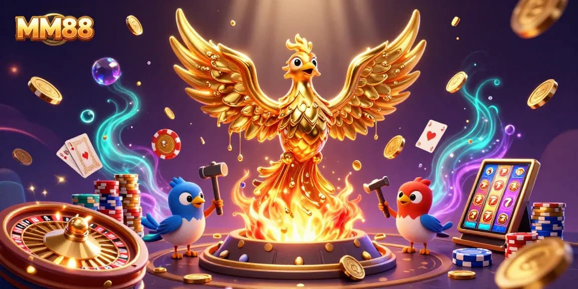 Experience the thrill of MM88 gaming with majestic phoenix, spinning roulette, and vibrant casino elements.