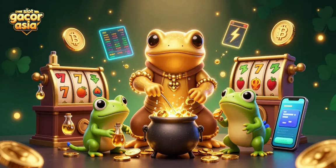 Slot gacor asia menghadirkan para pemain menghadapi jackpot dengan simbol permainan slot dan koin kripto.
