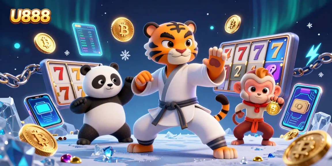 U888 captures excitement with a kung fu tiger, panda disciple, and a monkey amid vibrant slot gaming elements.