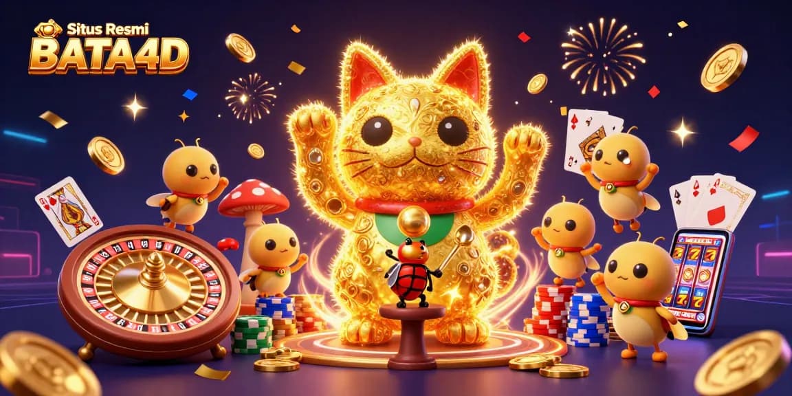 Situs Resmi BATA4D menampilkan kucing beruntung yang diilhami dari kasino dengan koin dan kartu berkilau