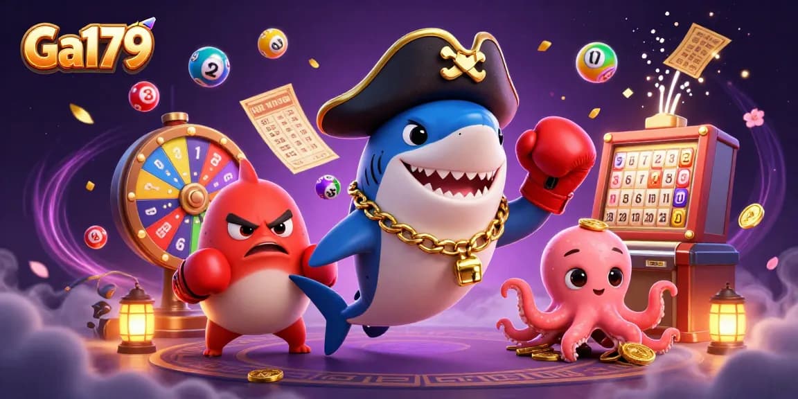 Engage with Ga179's vibrant casino atmosphere featuring an adventurous shark and magical lottery elements.