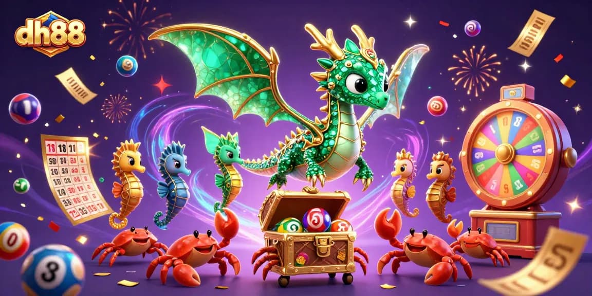 Engage with dh88's vibrant casino experience, featuring an enchanting sea dragon amid dynamic gambling elements.
