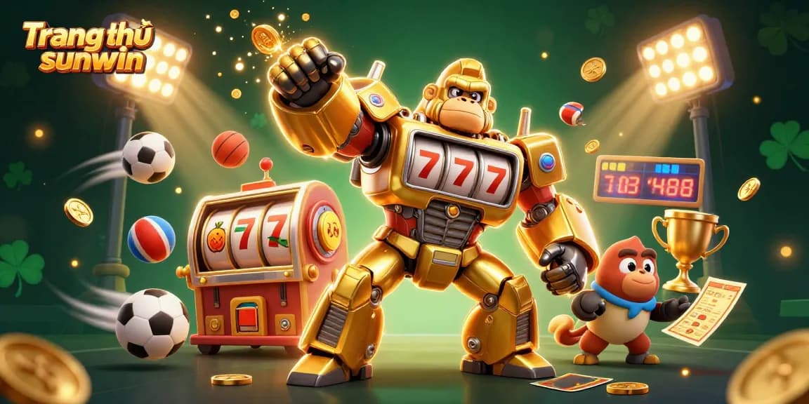 Experience the thrill of gambling with Trang chủ sunwin in this dynamic 3D illustration featuring a golden gorilla mech and exciting game elements.