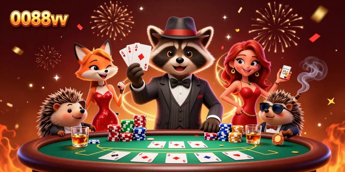 Experience the excitement of 0088vv with a suave raccoon and fox lady enjoying a royal flush at a vibrant casino scene.