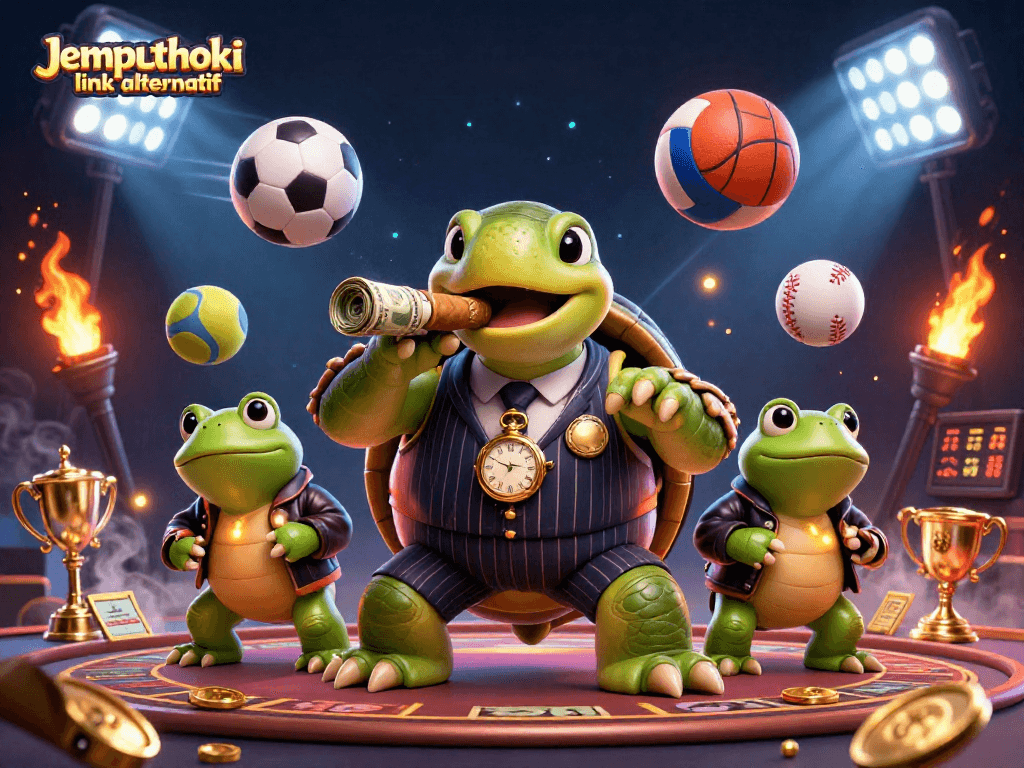 Engage with the Jemputhoki link alternatif gaming platform featuring vibrant 3D casino characters and sports elements.
