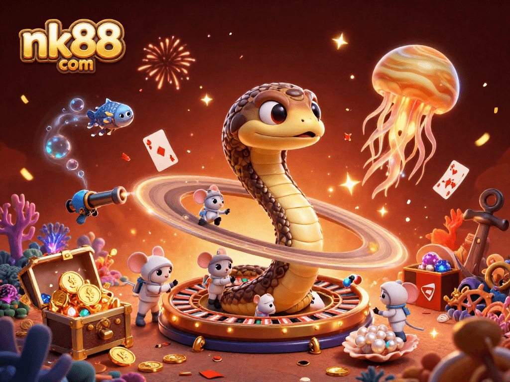 Experience the thrill of nk88 com with astronaut mice betting around a cosmic roulette wheel in a vivid casino scene.