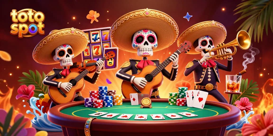 Experience the thrill of toto slot with vibrant casino elements and a festive mariachi band illustration.