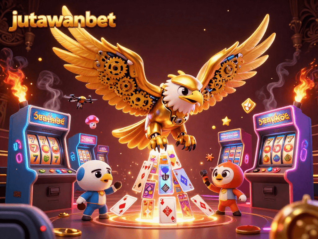 Join the thrilling action of jutawanbet with a diving golden eagle amidst holographic cards and precious game features.