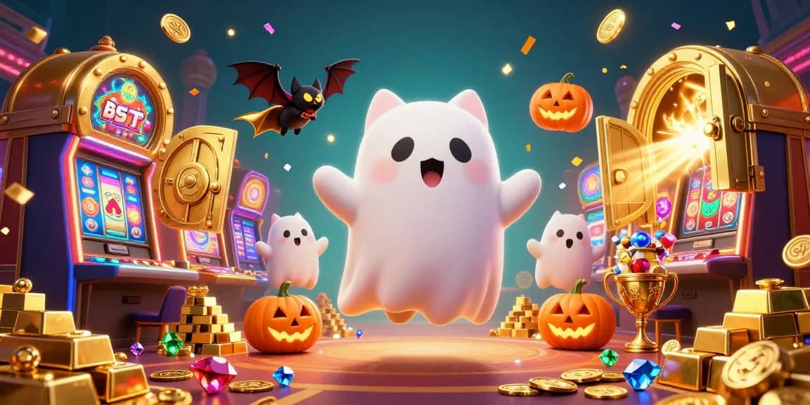 Bengkel69 brings excitement with a friendly ghost cat and vampire bat in a rich casino scene filled with treasures.