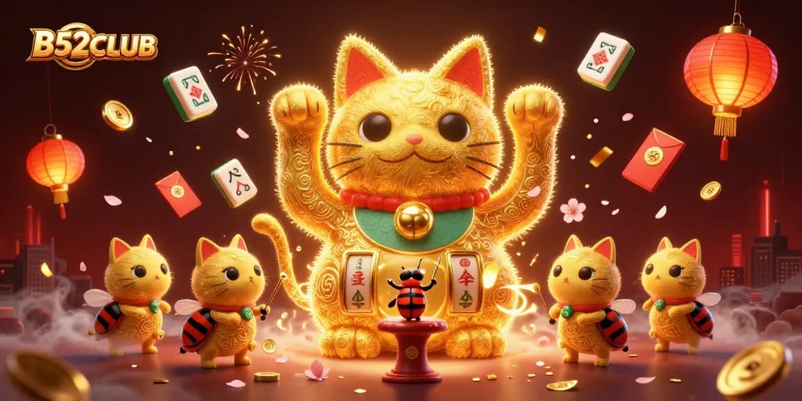 B52CLUB inspires excitement with a dynamic scene of a lucky cat formed by fireflies amidst floating casino symbols.