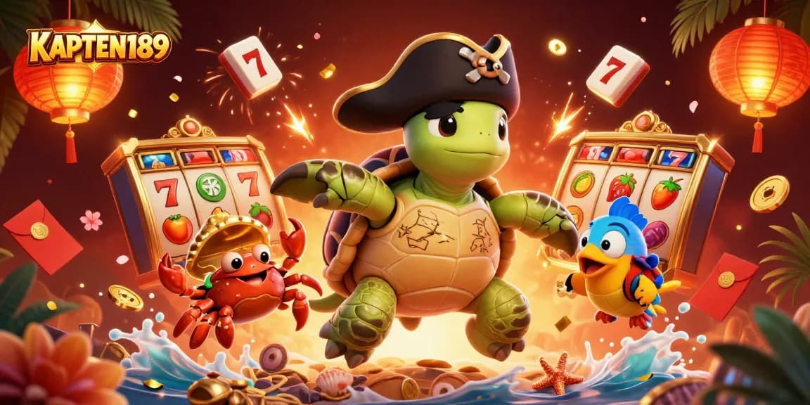 Permainan slot online KAPTEN189 dengan simbol keberuntungan dan karakter unik mengundang pemain untuk bergabung.