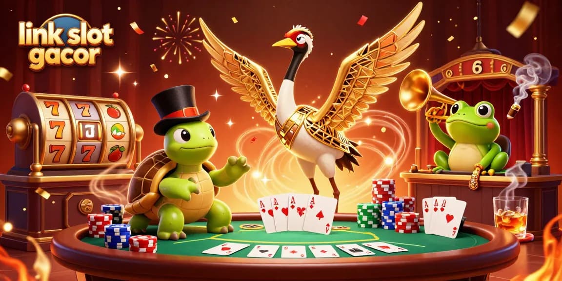 Mainkan link slot gacor dengan karakter kartun 3D yang menarik dan elemen kasino meriah di latar belakang.
