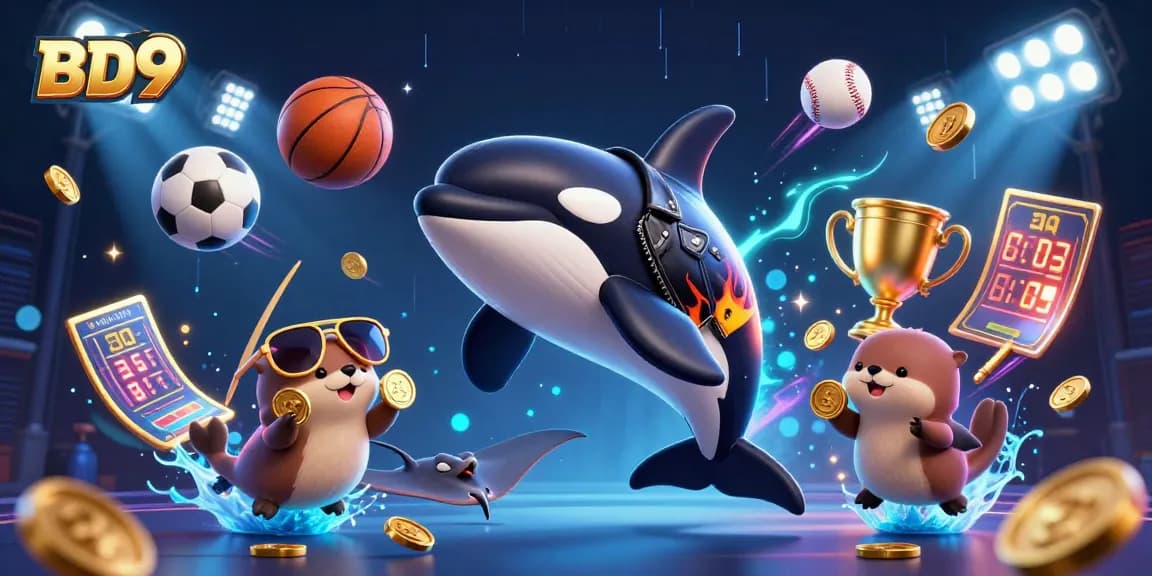 Bet dynamic with BD9 as a thrilling 3D illustration of an orca, stingray, and otters amidst vibrant sports elements.