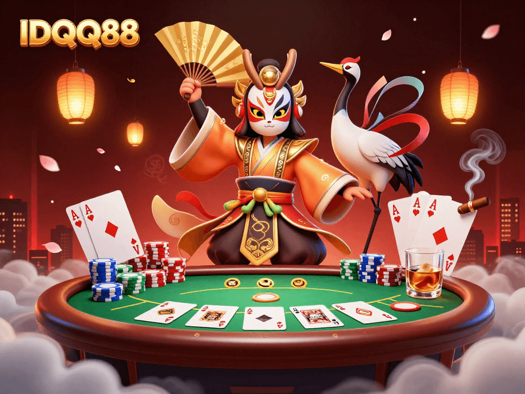 Experience the thrill of IDQQ88 with a vibrant, detailed casino scene featuring intricate characters and rich game elements.