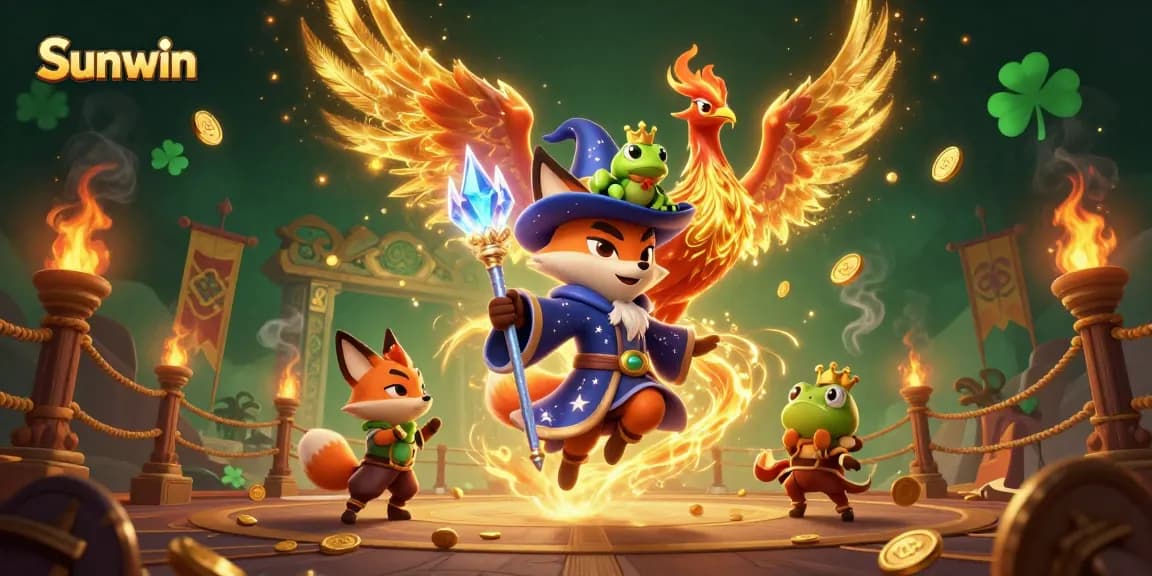 Sunwin's wizard fox casting spells in a vibrant, swirling casino arena scene.
