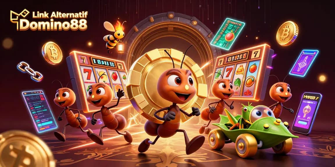 Engaging scene with Link Alternatif Domino88 themed ants heist and slot gaming elements.
