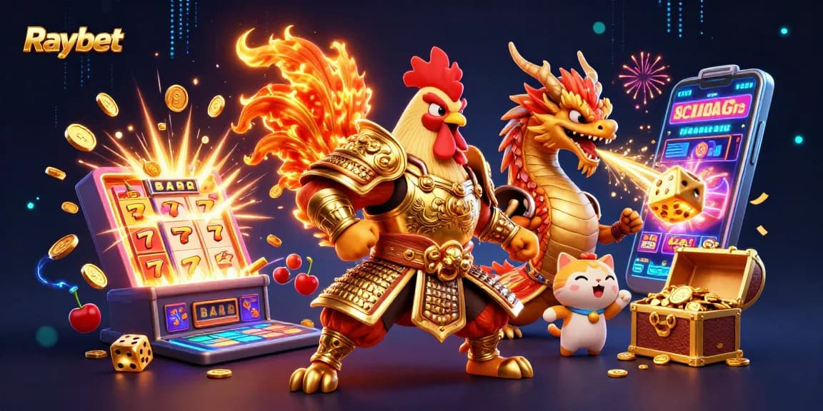 Engage with Raybet's slots featuring a samurai rooster and dragon in a dynamic 3D illustration.