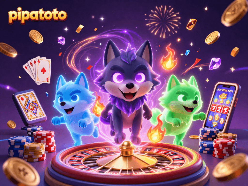 Pipatoto leads a dynamic 3D casino scene with glowing wolves, slots, and festive elements.