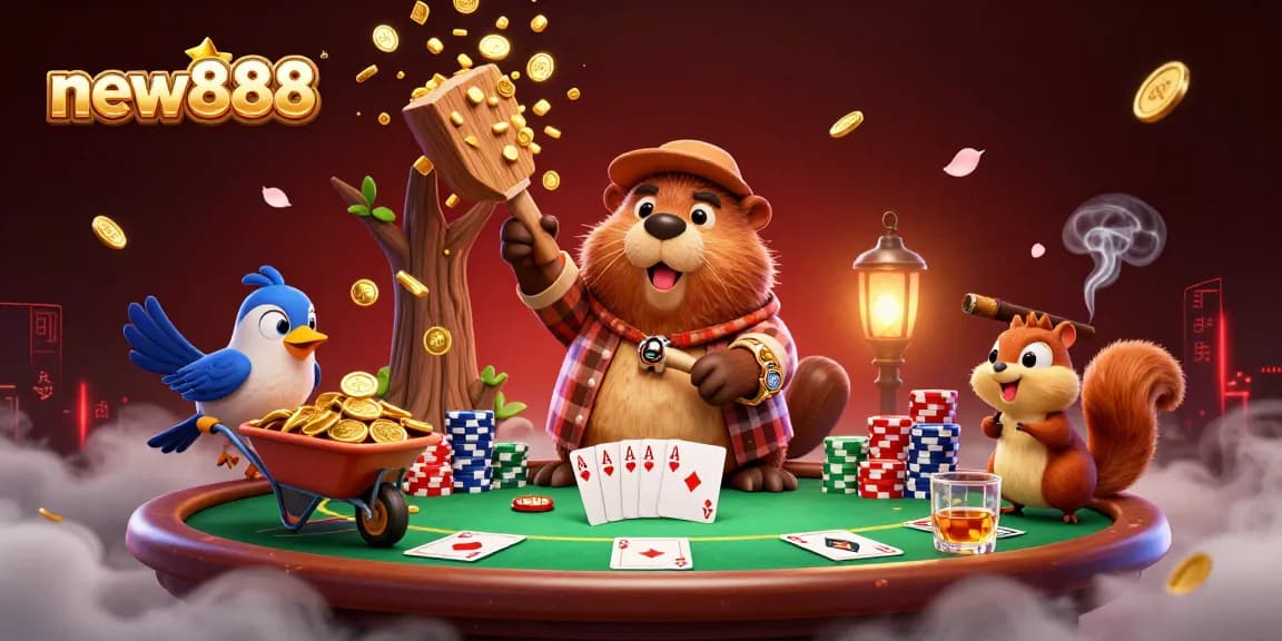 Experience new888 with a vibrant 3D scene of playful animals amidst casino gaming action.
