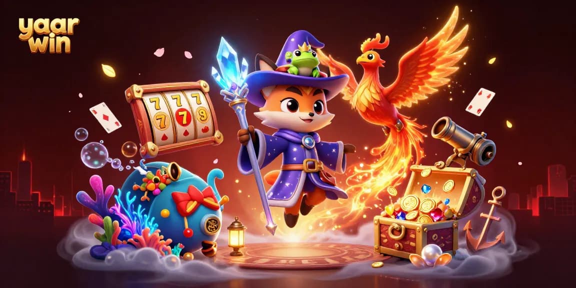 Engage with exciting gameplay at yaar win, illustrated with a wizard, phoenix, and vibrant slots.