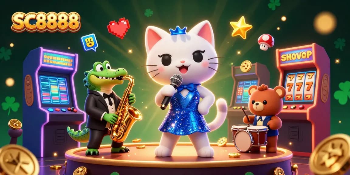 Engage with SC8888's vibrant 3D casino illustration featuring a jazz-singer cat and more!