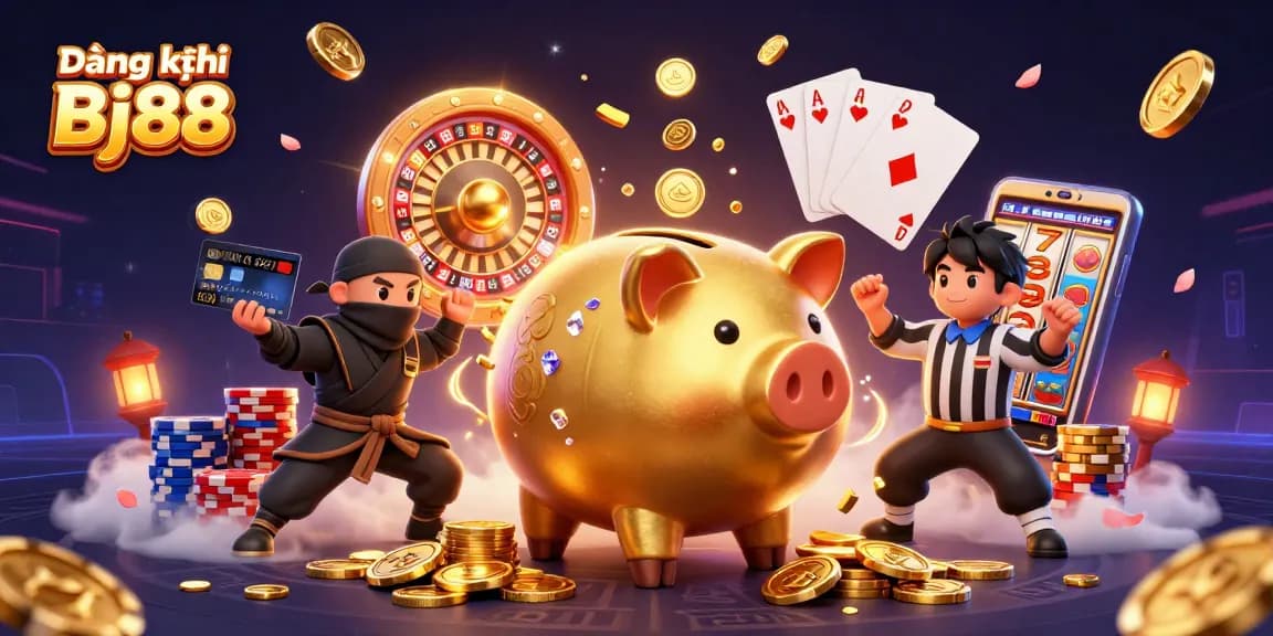 Experience online betting excitement with Đăng ký Bj88 featuring abundant casino elements in a vibrant scene.