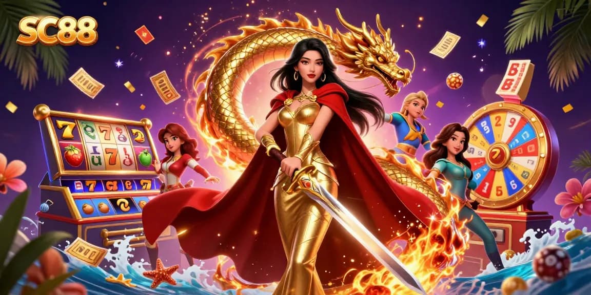 Engage with SC88 gaming excitement featuring a warrior queen and vibrant casino elements.