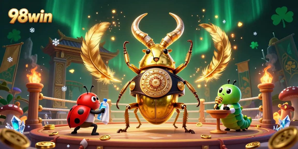 Engage with the 98win universe featuring a giant golden beetle, betting tokens, and dynamic game elements.
