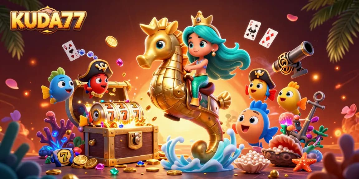 KUDA77 menawarkan slot gacor dan harta karun di bawah laut yang mengagumkan dalam ilustrasi penuh warna.