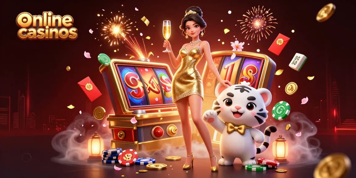 Experience thrilling online casinos with a glamorous woman and a lucky tiger cub amidst festive gaming elements.