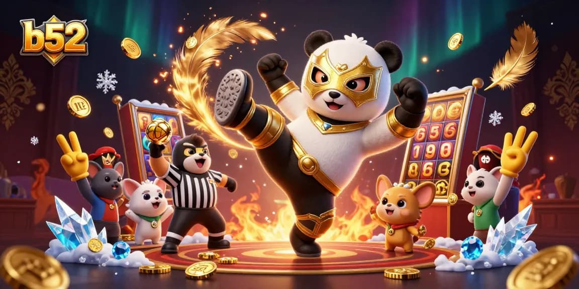 B52 casino scene with a panda wrestler, chihuahua referee, and excited animal spectators celebrating in vibrant atmosphere.