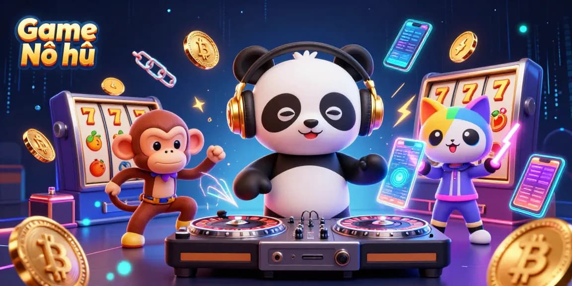 Experience the excitement of Game Nổ hũ with vibrant characters and thrilling slot themes in a lively 3D scene.
