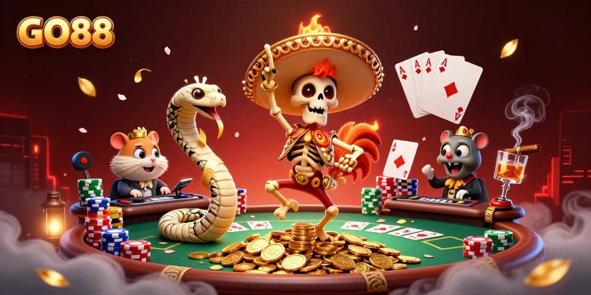 GO88 showcases a vibrant casino scene with characters celebrating on golden coins, enhancing the gaming experience.
